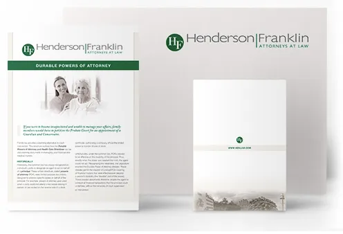 Henderson Franklin Attorneys at Law marketing materials, including a brochure on Durable Powers of Attorney, an envelope, and letterhead, placed against a white background.