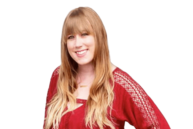 A woman with long blonde hair wearing a red top with lace details on the sleeves smiles at the camera.