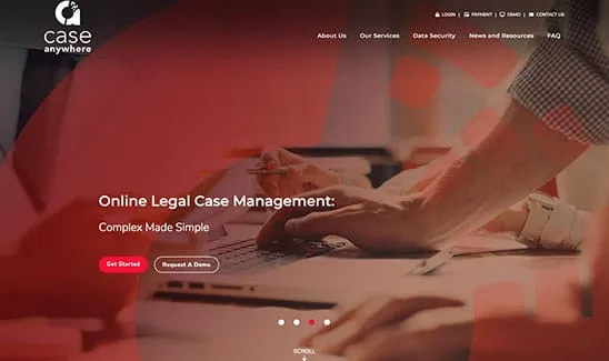 Homepage of Case Anywhere website showing a person using a laptop, with the text "Online Legal Case Management: Complex Made Simple" and navigation options at the top.