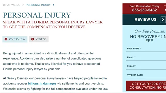 A "Personal Injury" content page from the Searcy Denney website.