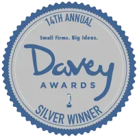 Seal for the 14th Annual Davey Awards, which reads "Small Firms. Big Ideas." with "Silver Winner" at the bottom.