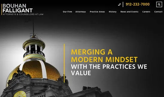 Website homepage for Bouhan Falligant law firm featuring an image of a domed building and the text, "Merging a Modern Mindset with the Practices We Value." Contact number 912-232-7000 is shown.