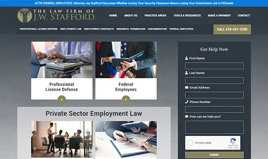 Screenshot of the J.W. Stafford law firm's website. The page features sections on professional license defense and federal employees. A contact form is visible on the right side.