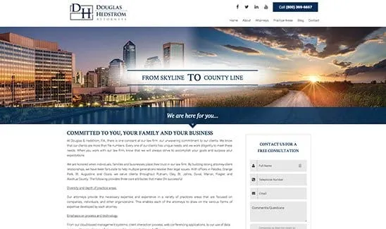 Screenshot of the Douglas Hedstrom law firm website featuring a header image of a city skyline, a navigation menu, a commitment statement to clients, and a contact form for a free consultation.