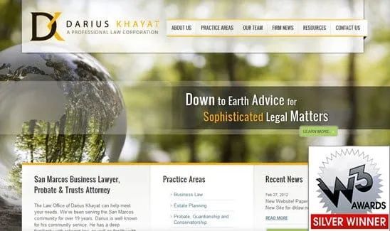 Website homepage of Darius Khayat, a professional law corporation, displaying practice areas and recent news. A silver W3 award is shown at the bottom right corner.