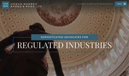 Man in a suit standing under a large, ornate dome with painted ceiling; text overlay states "Sophisticated advocates for regulated industries.