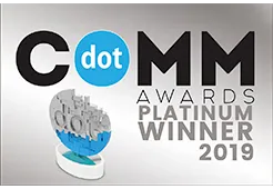 Cdot Comm Awards Platinum Winner 2019 logo featuring a stylized blue and gray globe.