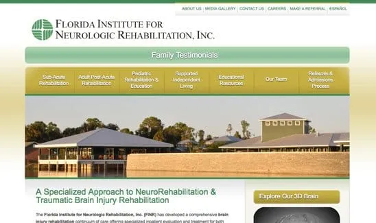Screenshot of the Florida Institute for Neurologic Rehabilitation, Inc. website, showcasing their specialized neurorehabilitation services and facilities, with navigation links and sections for various rehabilitation programs.