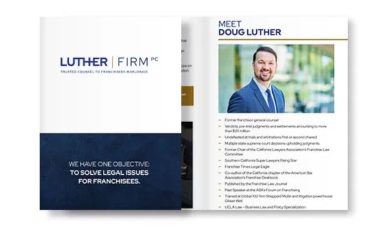 Brochure for Luther Firm PC, highlighting their mission to solve legal issues for franchisees and featuring a section titled "Meet Doug Luther" with a photo and his qualifications.