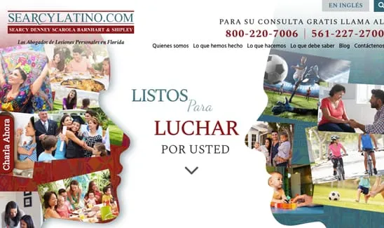Advertisement for legal services featuring various family and outdoor scenes overlaid on profiles of two people. Contact information and "Listos para luchar por usted" ("Ready to fight for you") are displayed.