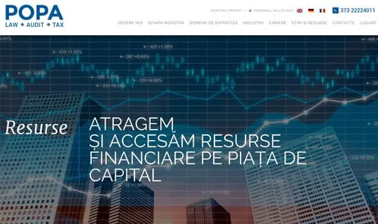 Image of a business website with the heading "POPA LAW AUDIT TAX" and text in Romanian about accessing financial resources in the capital market. The background shows tall buildings and a stock market graph.