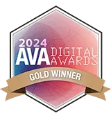 Hexagonal badge with "2024 AVA Digital Awards Gold Winner" written on a ribbon across the center, overlaying a pink and blue gradient background.