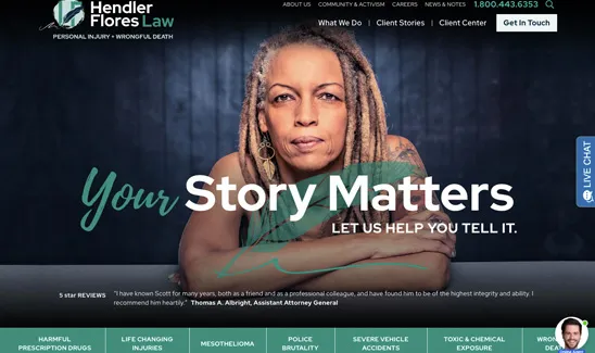 A woman with dreadlocks sits pensively with text overlay: "Your Story Matters. Let Us Help You Tell It." The website header reads "Hendler Flores Law." The background includes various legal services and a chat icon.
