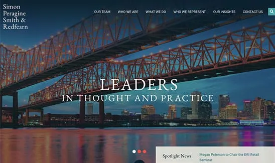 Screenshot of a website homepage with a bridge over a cityscape at dusk in the background. The text reads: "Simon Peragine Smith & Redfearn" and "Leaders in Thought and Practice." Navigation menu is visible on top.