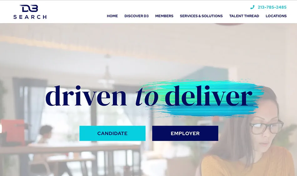 A webpage featuring a recruitment firm's homepage with the tagline "driven to deliver," and two buttons labeled "Candidate" and "Employer." The firm's logo and contact number are also visible at the top.