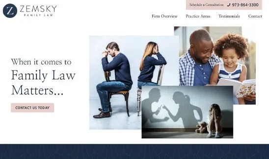 A website screenshot for Zemsky Family Law showing images of a couple sitting back-to-back, a father reading to a child, and parents arguing with a child watching. The contact number is 973-864-3300.