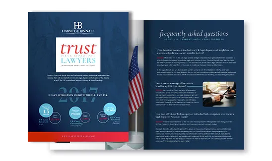Promotional material for Harvey & Binnall Trust Lawyers, featuring key services and a Frequently Asked Questions section. The design includes an image of the American flag and a courtroom scene.