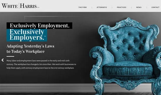 A law firm's website banner features a turquoise, ornate chair on the right and text highlighting their focus on exclusive employment law for employers. The background is gray with black and white text elements.