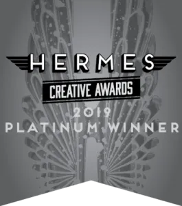 Hermes Creative Awards 2019 Platinum Winner logo featuring winged design and bold text.