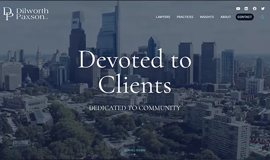 Dilworth Paxson LLP homepage featuring a cityscape background with "Devoted to Clients, Dedicated to Community" text overlay. Links for navigation are at the top of the page.