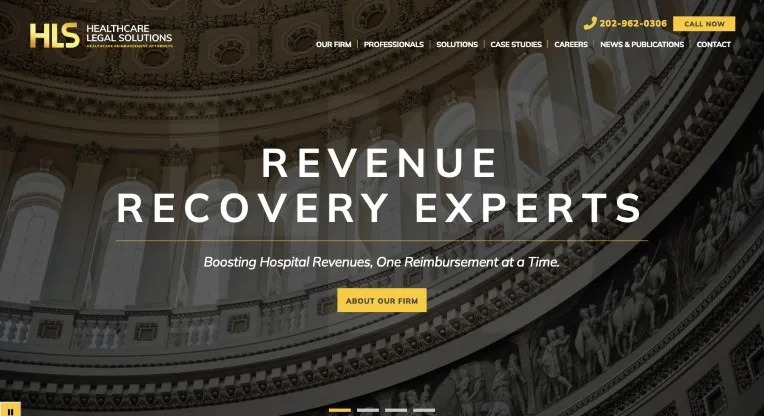 Website homepage for Healthcare Legal Solutions Launches New PaperStreet Law Firm Website, featuring a dome interior background and text: "Revenue Recovery Experts - Boosting Hospital Revenues, One Reimbursement at a Time." Contact details included.
