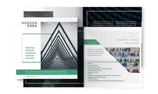 Brochure for Hudson Cook LLP displaying financial services. Left side has geometric design and text, right side lists services with images of industrial structures, vehicles, and text blocks.