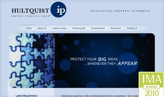Screenshot of the Hultquist IP website, featuring a blue design with the text "Protect your big ideas... whenever they appear" and an IMA Winner 2010 badge in the lower right corner.