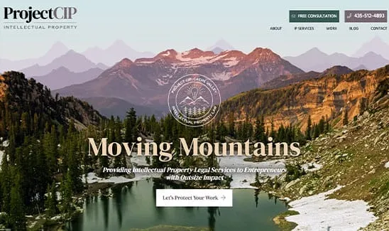 A scenic mountain range and lake form the background for a website offering intellectual property legal services for entrepreneurs. The header reads "ProjectCIP: Moving Mountains" with contact information.