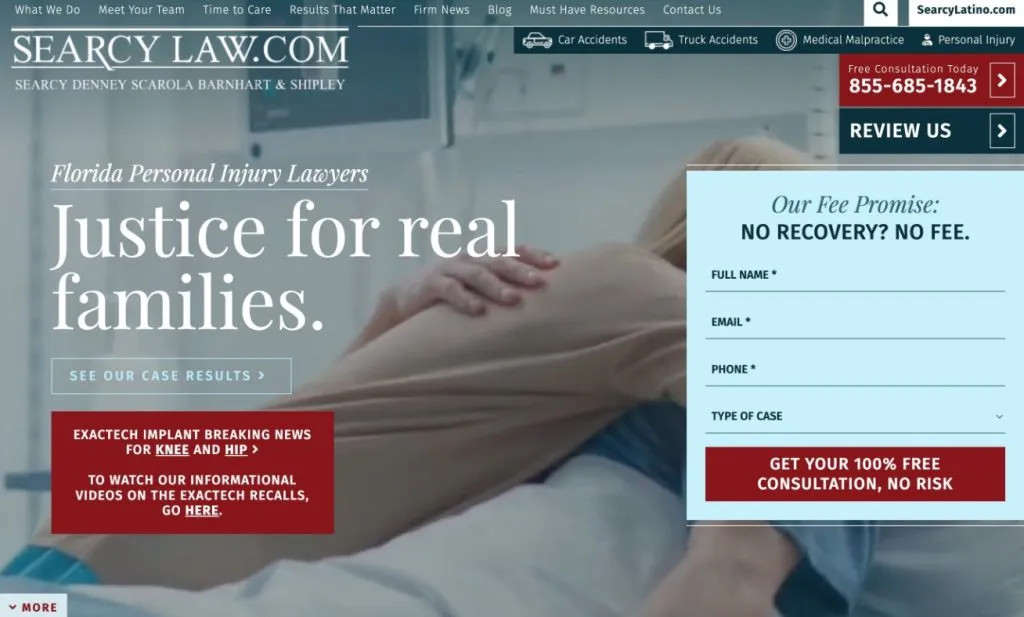 Screenshot of a law firm's website displaying "Justice for real families" text, a contact form, and a promotion offering free consultations with a "No Recovery? No Fee!" promise.