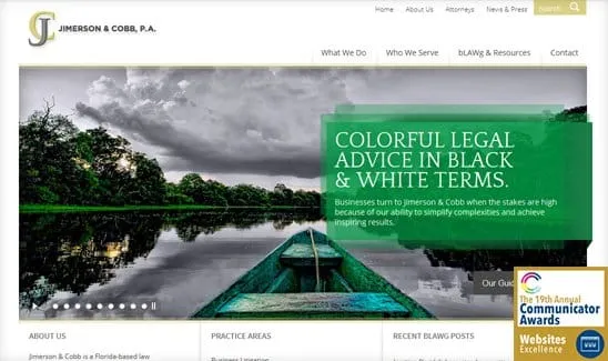 Screenshot of the Jimerson & Cobb law firm's website homepage, featuring a boat on a river with a colorful text overlay advertising their legal services. An award badge is displayed in the bottom right corner.