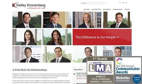 Homepage of Kelley Kronenberg Attorneys at Law, featuring headshots of team members. The page includes awards for website design and emphasizes the firm's people-centered focus.