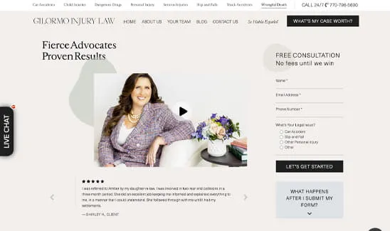 Screenshot of the Giorno Injury Law website featuring a lawyer sitting on a chair, with text promoting their services and a contact form for free consultations. A navigation bar and a live chat button are visible.