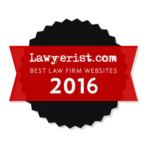 A badge with a red ribbon that reads "Lawyerist.com Best Law Firm Websites 2016".