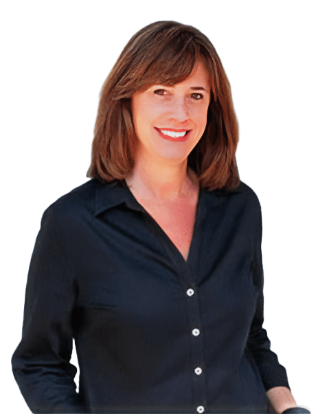 A woman with shoulder-length brown hair wearing a black button-up shirt smiles at the camera.