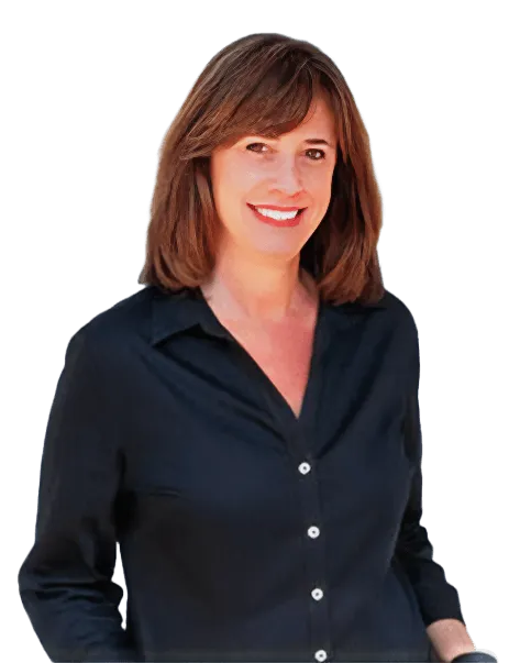 A woman with shoulder-length brown hair wearing a black button-up shirt smiles at the camera.