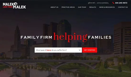 A law firm's website homepage featuring the slogan "Family Firm Helping Families" with a backdrop of a city skyline and a call-to-action button asking, "What type of injury do you suffer from?.