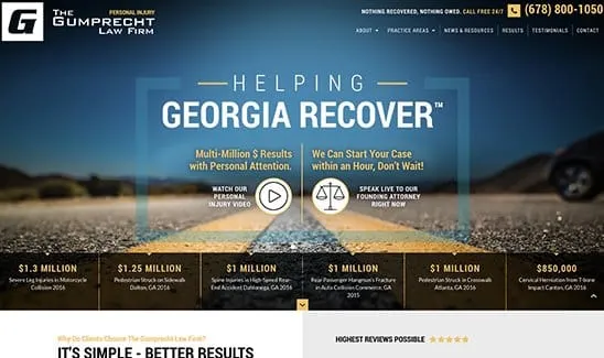 Homepage of The Gumprecht Law Firm, displaying contact info, case results, client testimonials, and an invitation to speak live with the founding attorney.