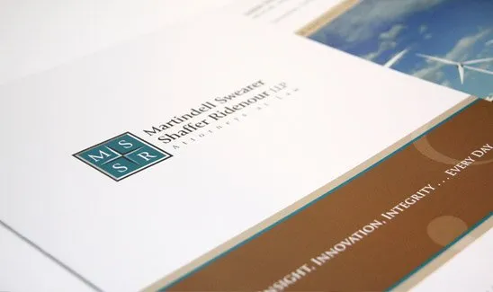 A business brochure with the logo and name "Marindell Swearer Shaffer Ridenour LLP" and the tagline "Insight, Innovation, Integrity. Every Day.
