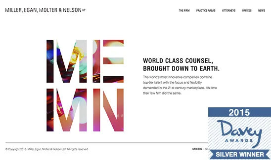 Website screenshot of Miller, Egan, Molter & Nelson LLP with "WORLD CLASS COUNSEL, BROUGHT DOWN TO EARTH" text and a 2015 Davey Awards Silver Winner badge on the bottom right.