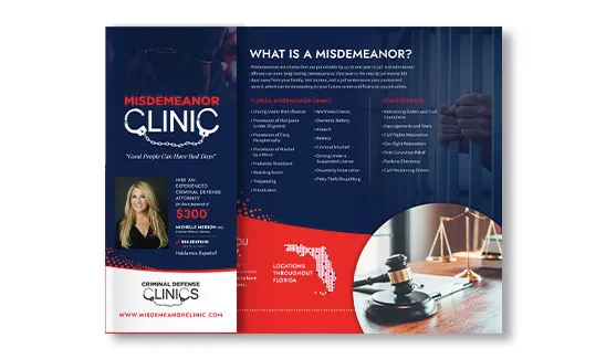 A flyer for Misdemeanor Clinic. It lists types of misdemeanors, a consultation fee, and clinic locations. The left side shows a woman and contact details; the right side has a gavel and handcuffs images.