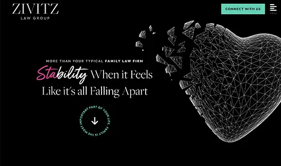 Advertisement for Zivitz Law Group with text "More Than Your Typical Family Law Firm. Stability When it Feels Like it's all Falling Apart." Features a fragmented 3D heart graphic on a black background.