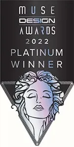 Muse Design Awards 2022 Platinum Winner banner featuring an artistic illustration of a woman's face.