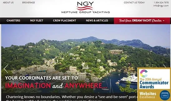 Screenshot of the Neptune Group Yachting website. The header includes a navigation menu. Central text reads, "Your coordinates are set to imagination and anywhere..." An award badge is visible on the bottom right.