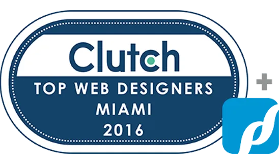 An oval badge reads "Clutch Top Web Designers Miami 2016" with a blue and white design, accompanied by a small blue icon with a stylized hand.