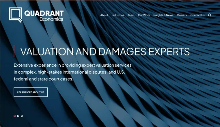 Quadrant Economics, a consulting company, launches its new PaperStreet website featuring the tagline 'Valuation and damages experts' along with a comprehensive description of their specialized services in valuation for complex disputes and court cases.