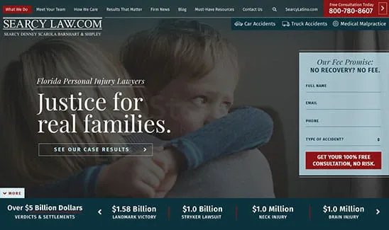 Screenshot of a law firm's website, displaying an image of a child held by an adult, with text promoting justice for real families and emphasizing case results and settlements over $1 billion.