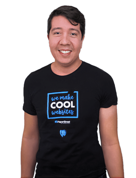A smiling person wearing a black t-shirt with the text "we make COOL websites" and a small logo beneath it, standing against a white background.