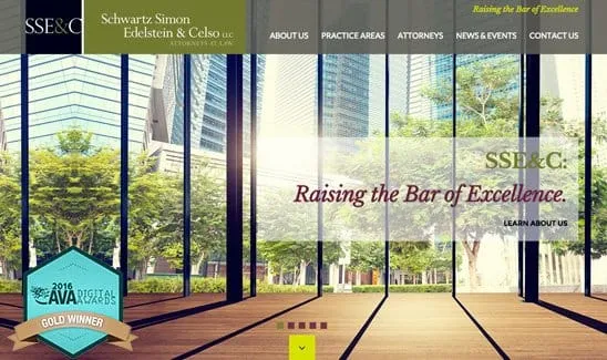 A law firm website homepage with the firm name "Schwartz Simon Edelstein & Celso LLC." The page features a modern cityscape, navigation menu, and an award badge for a 2016 AVA Digital Award Gold Winner.