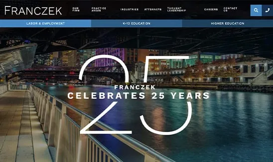 Website homepage of Franczek law firm celebrating 25 years with a background of a city river scene at night.