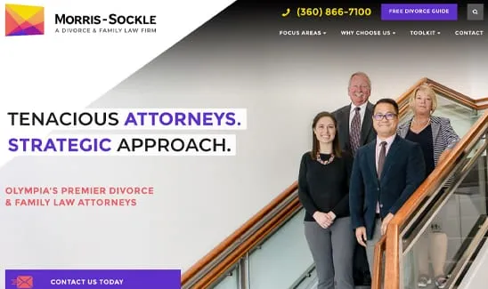 Four people posing together on a staircase, representing Morris-Sockle, a divorce and family law firm. The text highlights "Tenacious Attorneys. Strategic Approach." and contact details are visible.